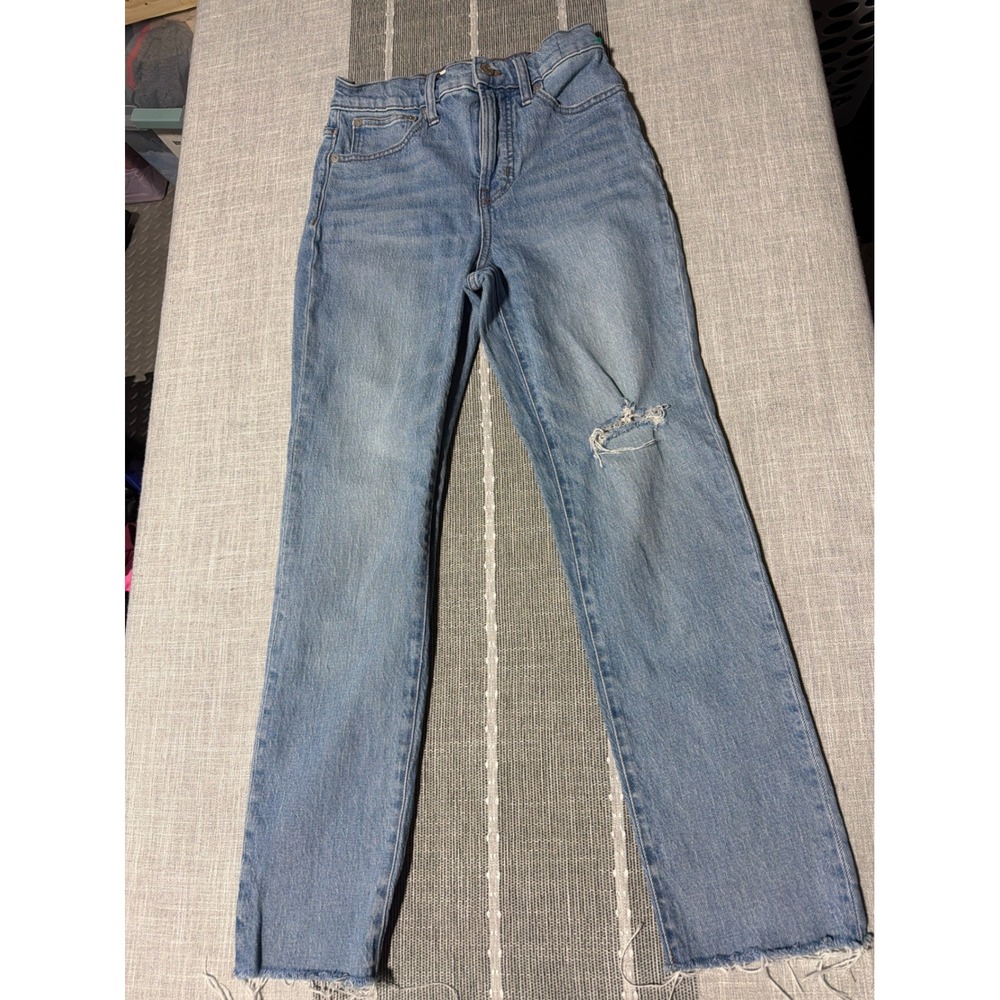 Madewell High Rise Slim Straight Distressed Raw Hem Jeans Light Wash Size 25